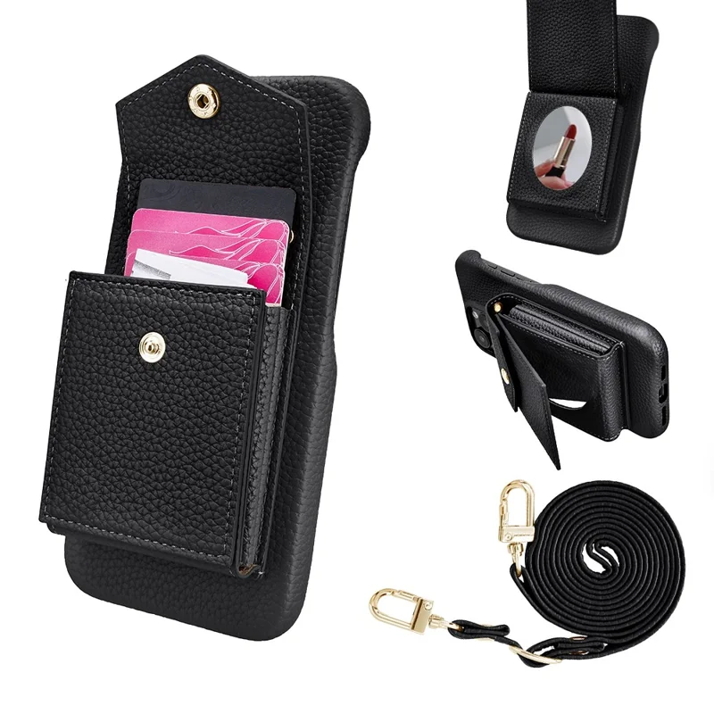 For iPhone 16 Pro Max Case Litchi Textured PU + TPU Phone Cover with Card Holder, Strap - Black
