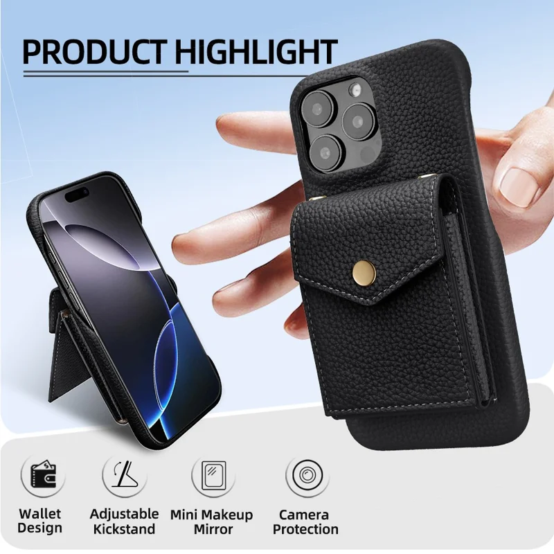 For iPhone 16 Pro Max Case Litchi Textured PU + TPU Phone Cover with Card Holder, Strap - Black