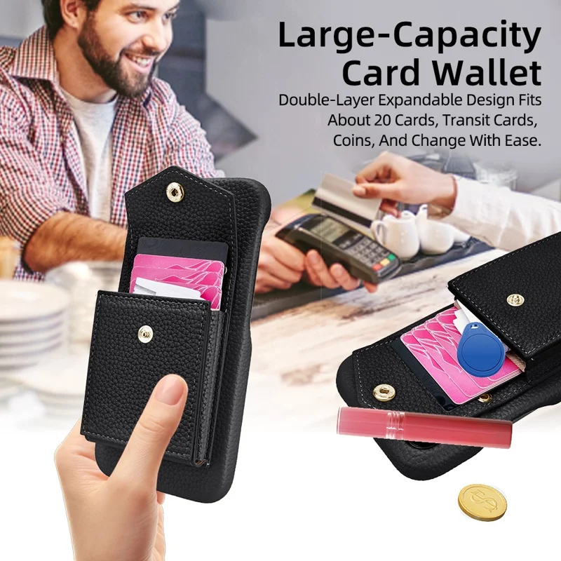 For iPhone 16 Pro Max Case Litchi Textured PU + TPU Phone Cover with Card Holder, Strap - Black