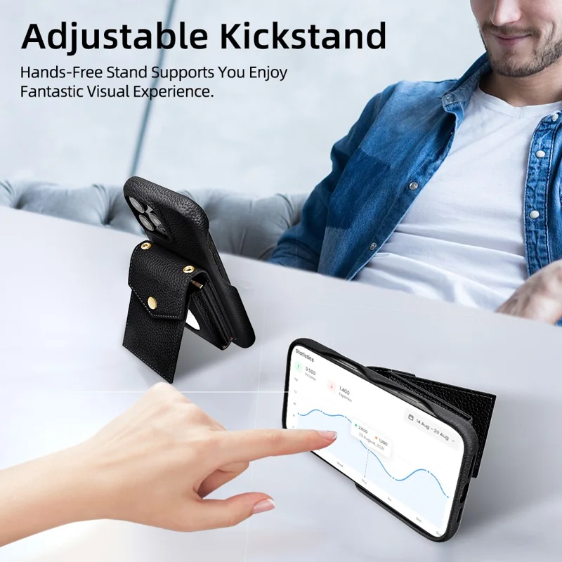 For iPhone 16 Pro Max Case Litchi Textured PU + TPU Phone Cover with Card Holder, Strap - Black