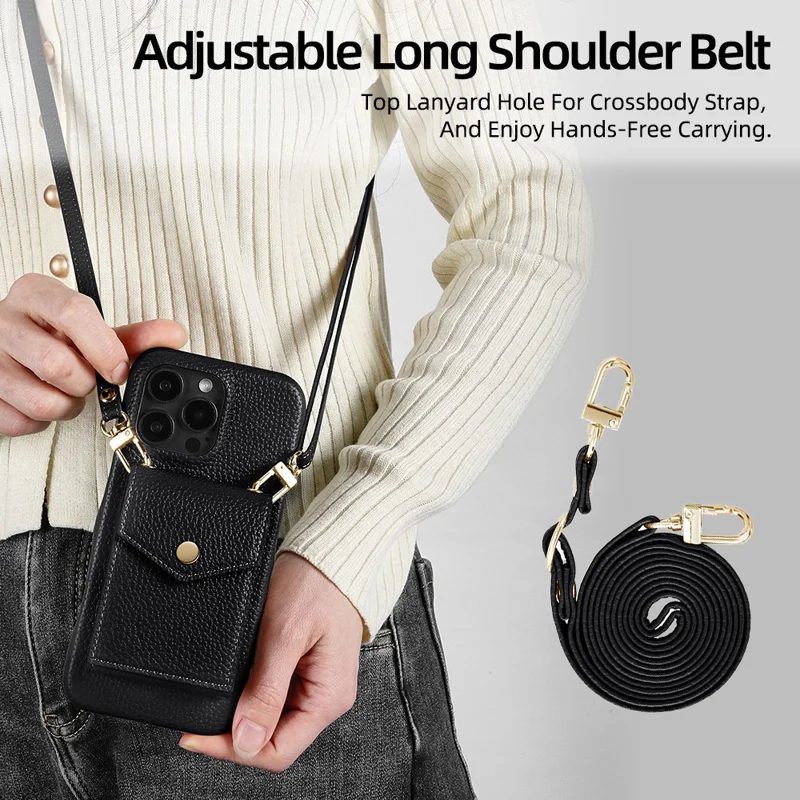 For iPhone 16 Pro Max Case Litchi Textured PU + TPU Phone Cover with Card Holder, Strap - Black