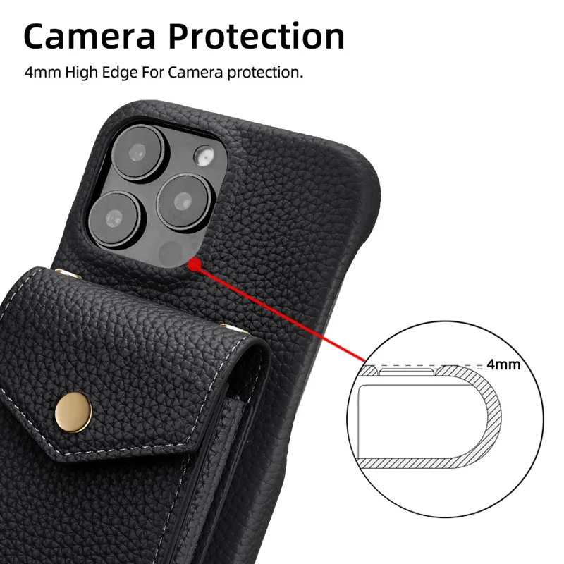 For iPhone 16 Pro Max Case Litchi Textured PU + TPU Phone Cover with Card Holder, Strap - Black