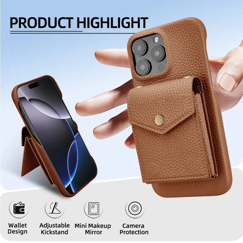 For iPhone 16 Pro Max Case Litchi Textured PU + TPU Phone Cover with Card Holder, Strap - Brown