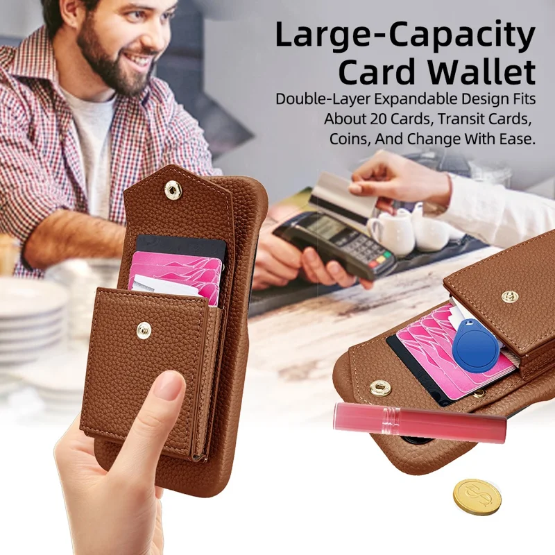 For iPhone 16 Pro Max Case Litchi Textured PU + TPU Phone Cover with Card Holder, Strap - Brown