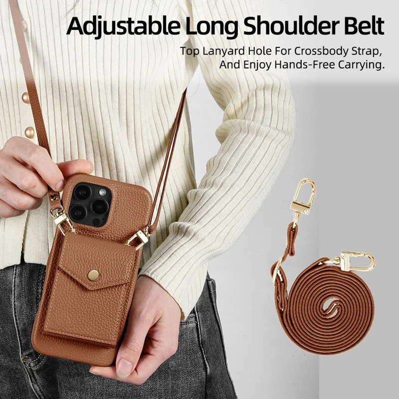 For iPhone 16 Pro Max Case Litchi Textured PU + TPU Phone Cover with Card Holder, Strap - Brown