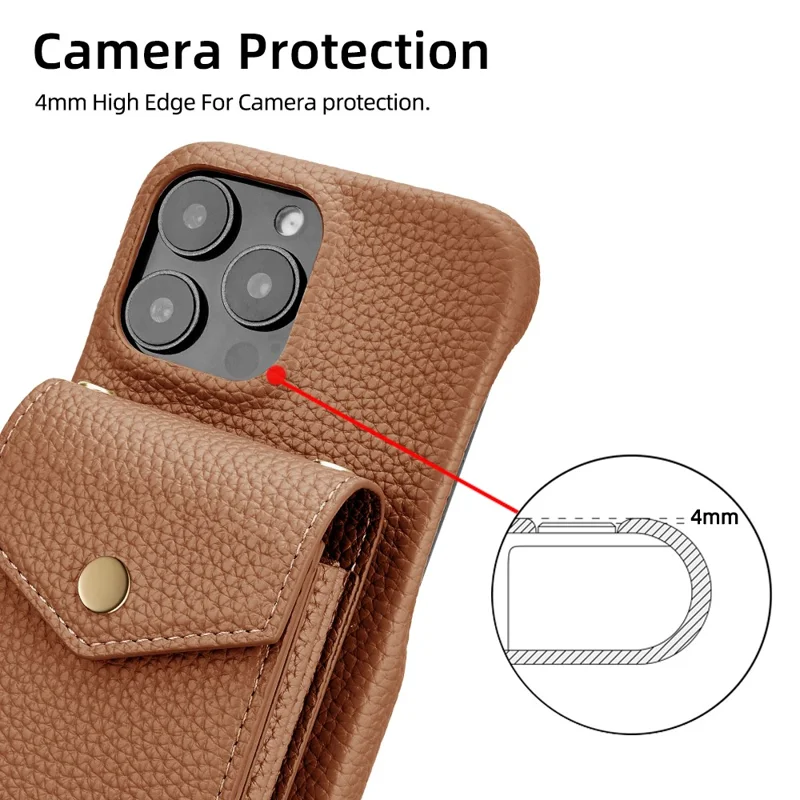 For iPhone 16 Pro Max Case Litchi Textured PU + TPU Phone Cover with Card Holder, Strap - Brown