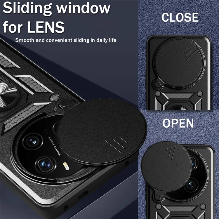 Étui pour Honor Magic7 Pro 5G avec couvercle coulissant pour caméra, PC + TPU avec support, Housse de téléphone - Noir