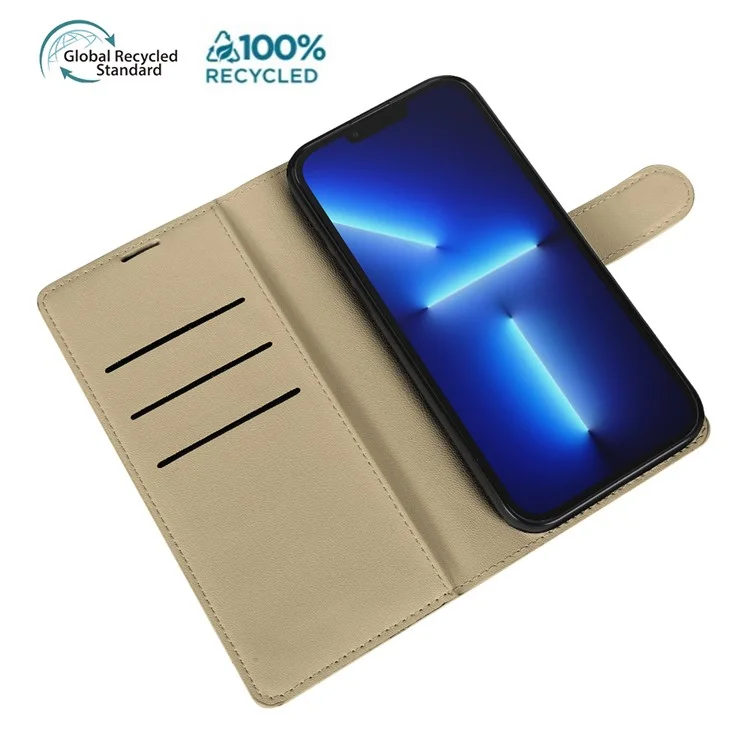 Handyhülle für iPhone 13 Pro Max mit Ständer, Biobased Öko-Freundliche RPET Slim Lederhülle mit Kartenhalter - Khaki
