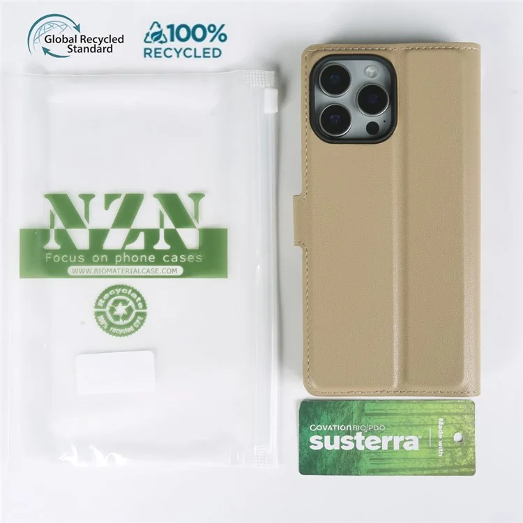 Handyhülle für iPhone 13 Pro Max mit Ständer, Biobased Öko-Freundliche RPET Slim Lederhülle mit Kartenhalter - Khaki