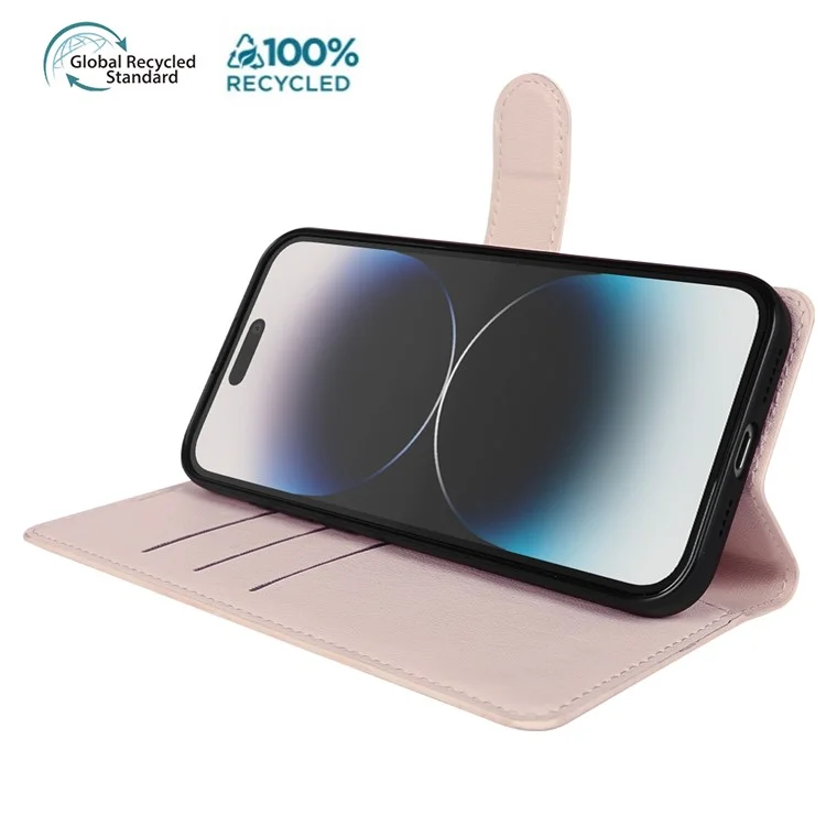 Capa com Suporte para iPhone 14 Pro em Material Biológico Eco-Friendly RPET Fino Estilo Couro com Porta-Cartões - Rosa