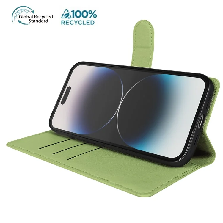 For iPhone 14 Pro Stand Case Biobased Eco-Friendly RPET RPVB Slim Phone Cover with Wallet - Light Green