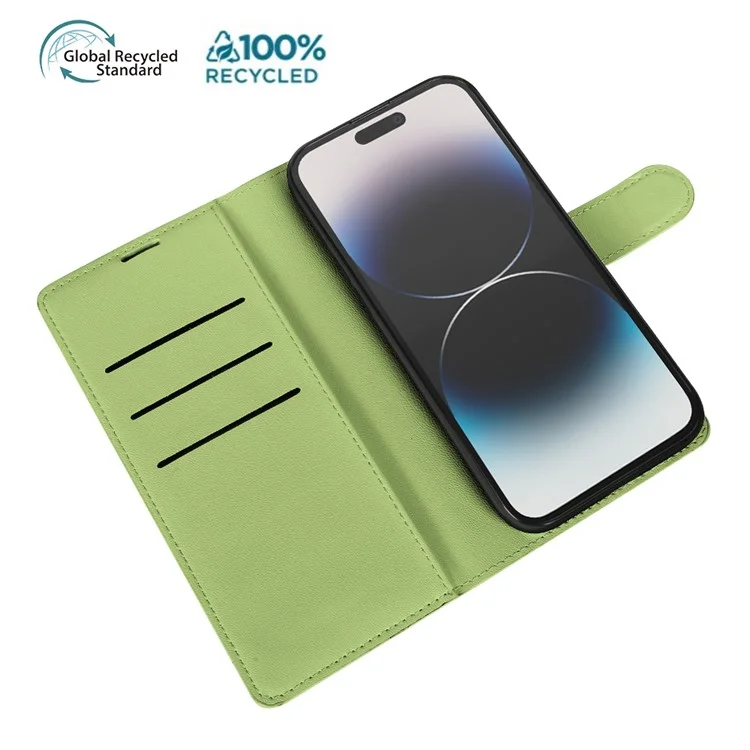 For iPhone 14 Pro Stand Case Biobased Eco-Friendly RPET RPVB Slim Phone Cover with Wallet - Light Green