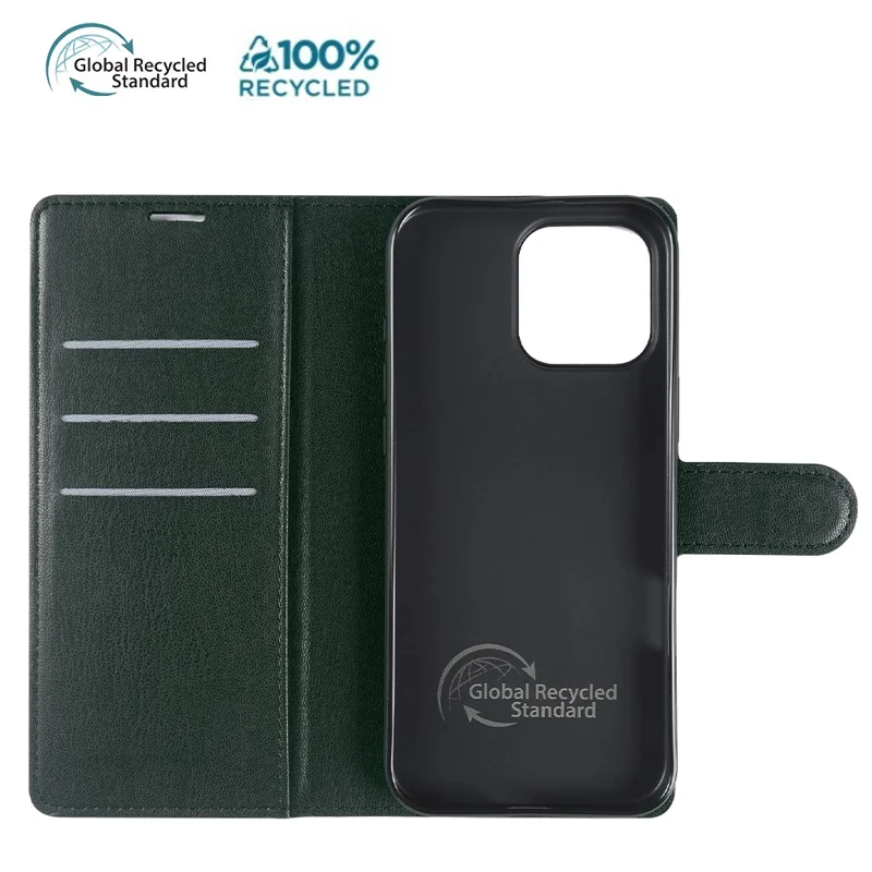 For iPhone 15 Pro Stand Case Biobased Eco-Friendly RPET RPVB Slim Phone Cover with Wallet - Blackish Green