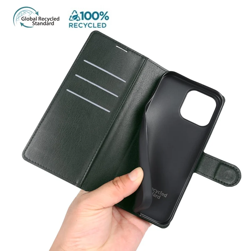 For iPhone 15 Pro Stand Case Biobased Eco-Friendly RPET RPVB Slim Phone Cover with Wallet - Blackish Green