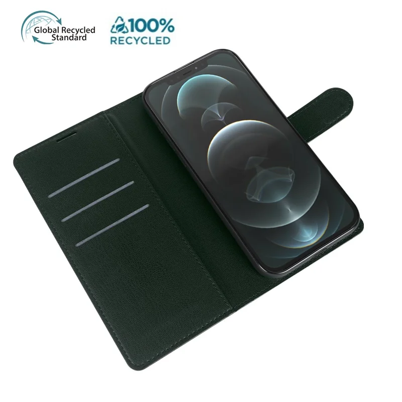 For iPhone 15 Pro Stand Case Biobased Eco-Friendly RPET RPVB Slim Phone Cover with Wallet - Blackish Green