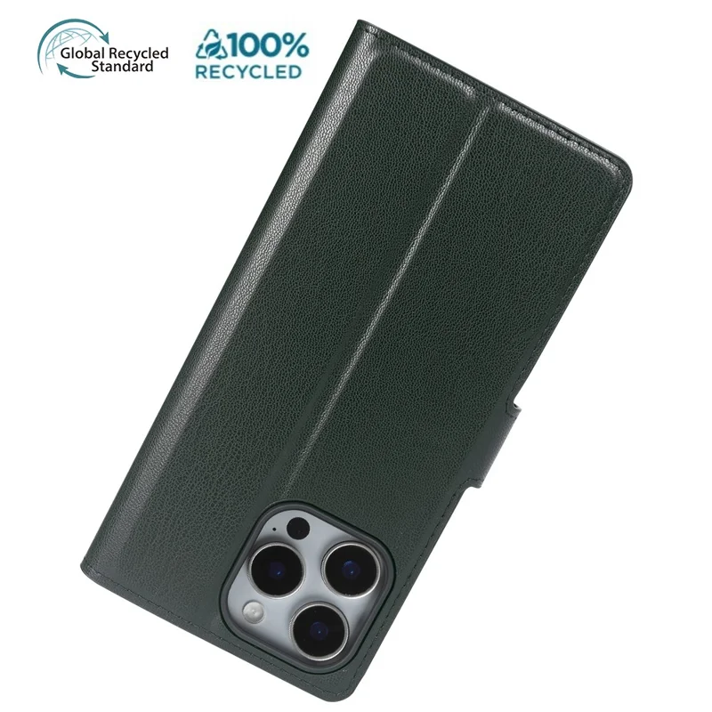 For iPhone 15 Pro Stand Case Biobased Eco-Friendly RPET RPVB Slim Phone Cover with Wallet - Blackish Green