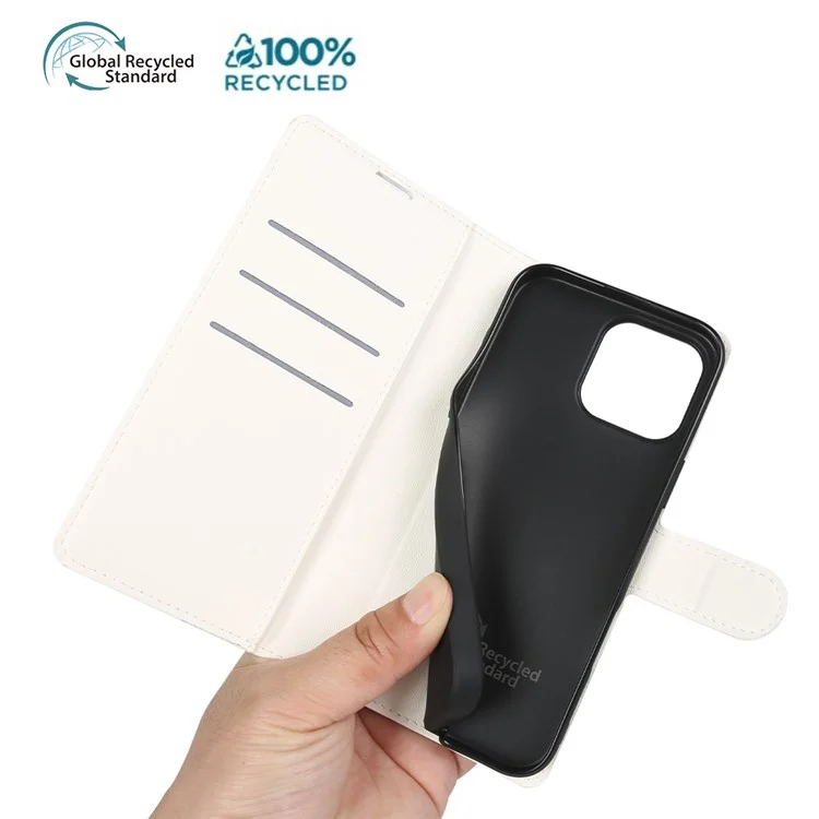 Handyhülle für iPhone 15 Pro mit Ständer, Bio-basiert, Öko-freundlich, RPET, Slim Leder-Handycover mit Kartenfach - Weiß