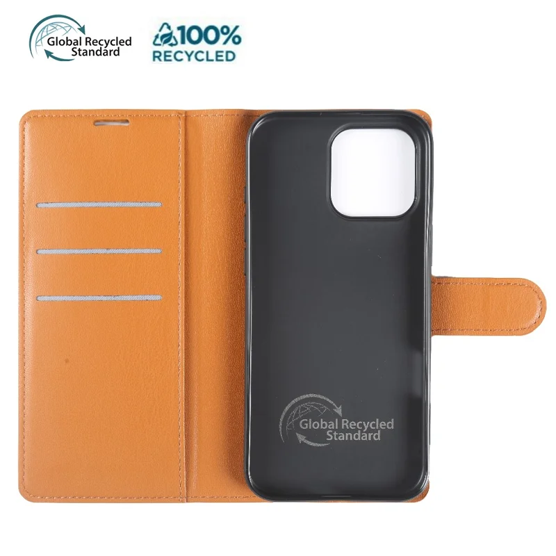 For iPhone 15 Pro Stand Case Biobased Eco-Friendly RPET RPVB Slim Phone Cover with Wallet - Orange