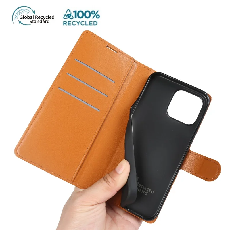 For iPhone 15 Pro Stand Case Biobased Eco-Friendly RPET RPVB Slim Phone Cover with Wallet - Orange