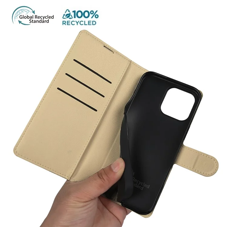 Capa de suporte para iPhone 15 Pro Max Ecológica e biodegradável de couro RPET fino com porta-cartões - Cáqui