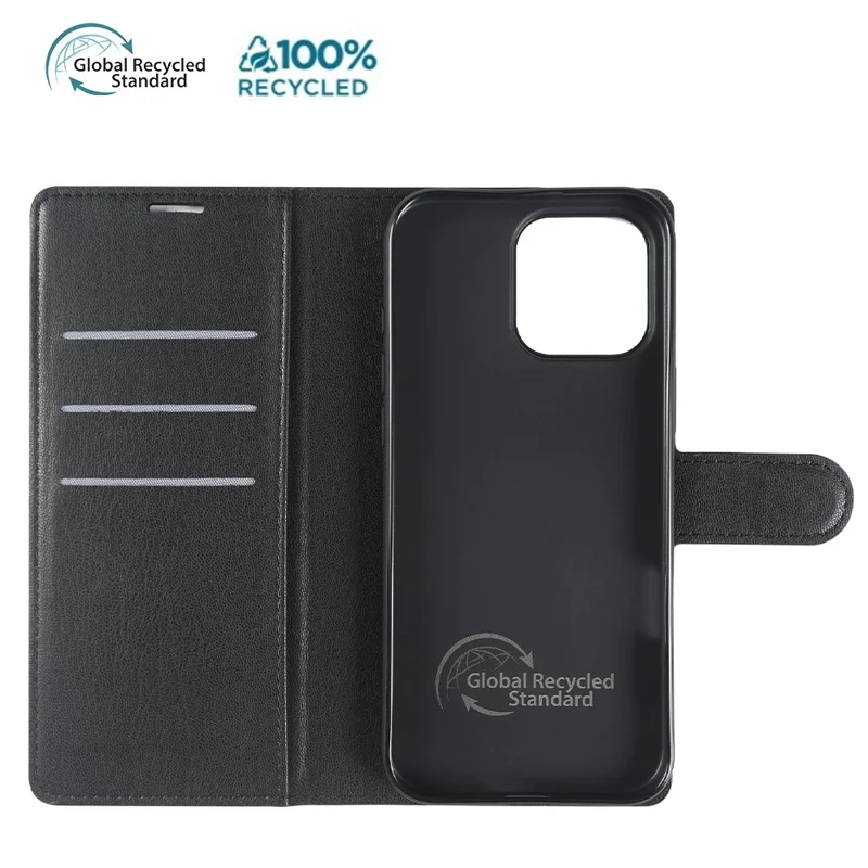 For iPhone 16 Pro Stand Case Biobased Eco-Friendly RPET RPVB Slim Phone Cover with Wallet - Black
