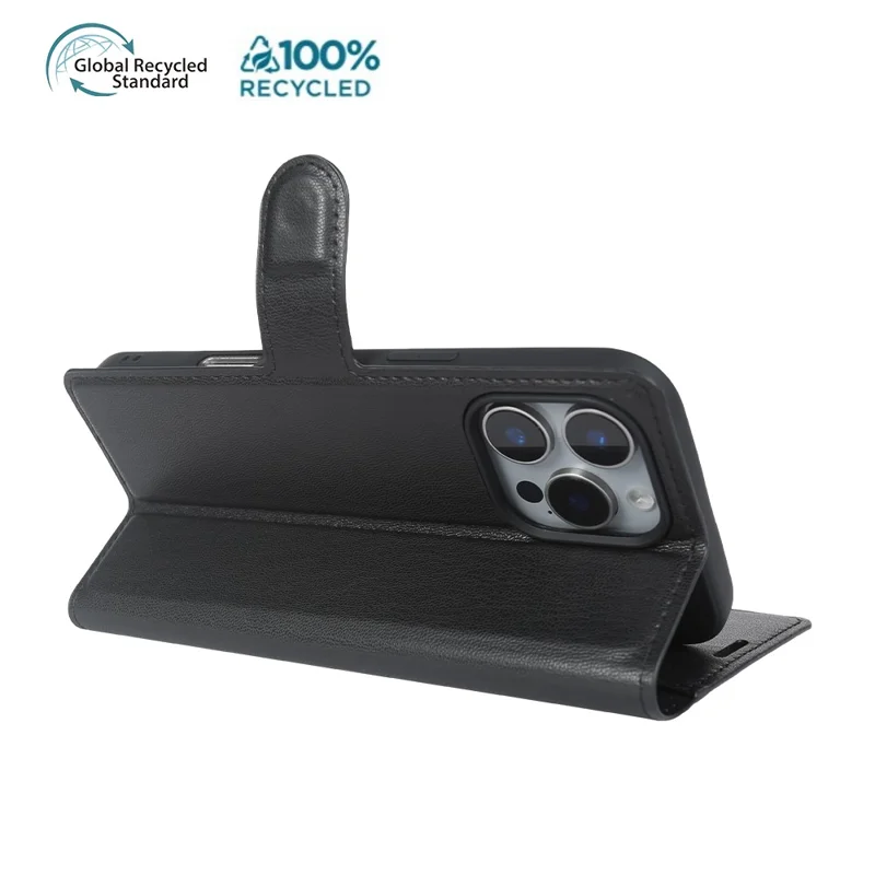 For iPhone 16 Pro Stand Case Biobased Eco-Friendly RPET RPVB Slim Phone Cover with Wallet - Black