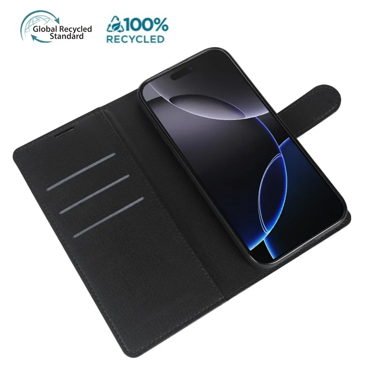 For iPhone 16 Pro Stand Case Biobased Eco-Friendly RPET RPVB Slim Phone Cover with Wallet - Black