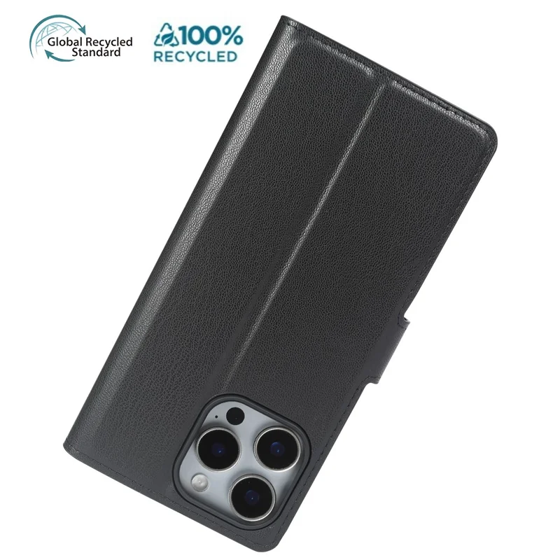 For iPhone 16 Pro Stand Case Biobased Eco-Friendly RPET RPVB Slim Phone Cover with Wallet - Black