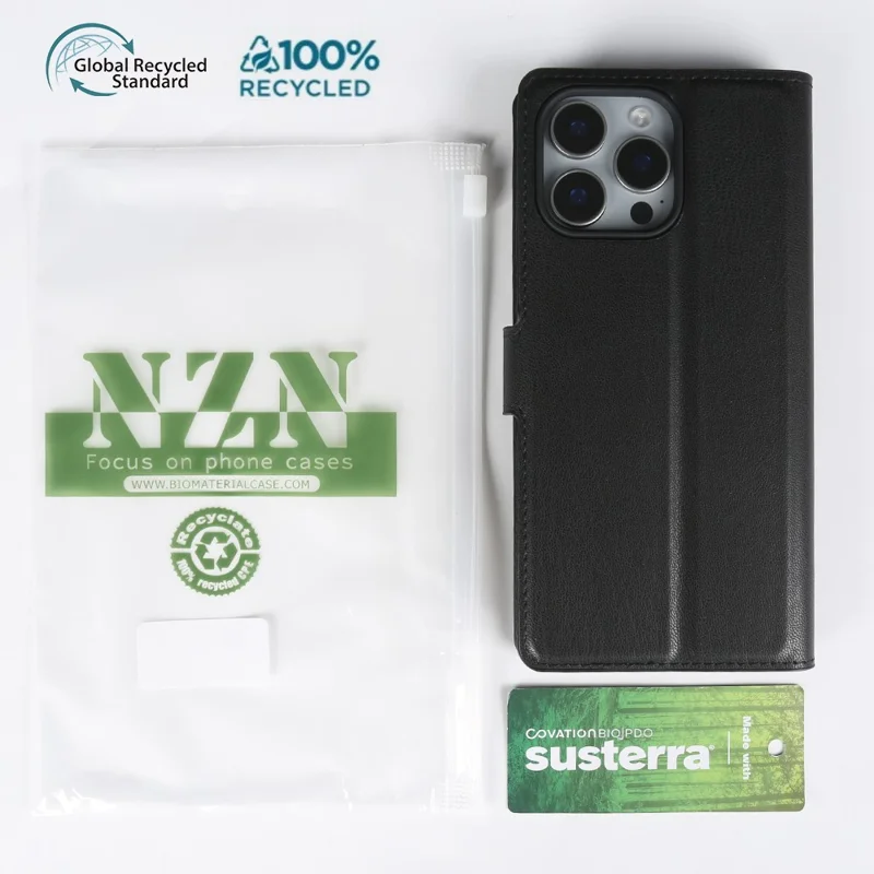 For iPhone 16 Pro Stand Case Biobased Eco-Friendly RPET RPVB Slim Phone Cover with Wallet - Black