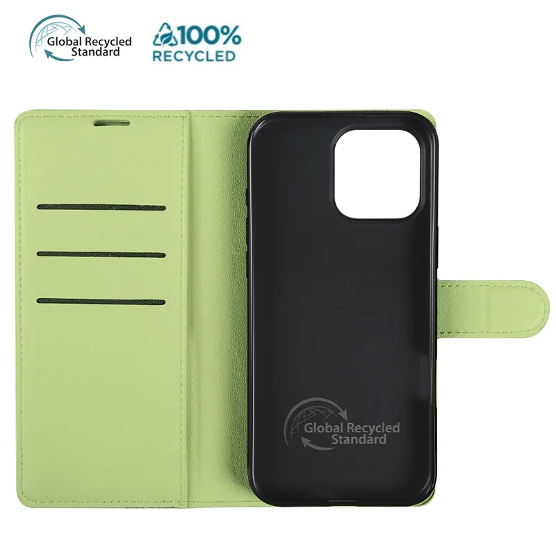 For iPhone 16 Pro Stand Case Biobased Eco-Friendly RPET RPVB Slim Phone Cover with Wallet - Light Green