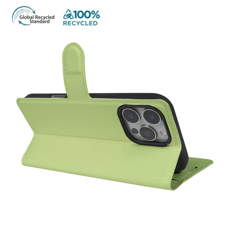 For iPhone 16 Pro Stand Case Biobased Eco-Friendly RPET RPVB Slim Phone Cover with Wallet - Light Green