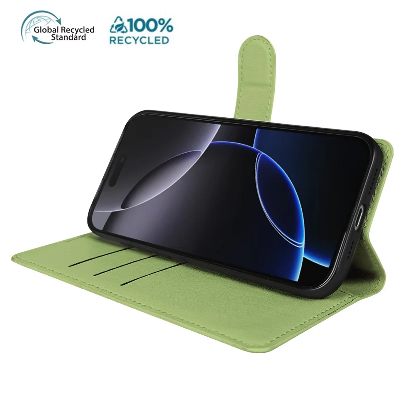 For iPhone 16 Pro Stand Case Biobased Eco-Friendly RPET RPVB Slim Phone Cover with Wallet - Light Green