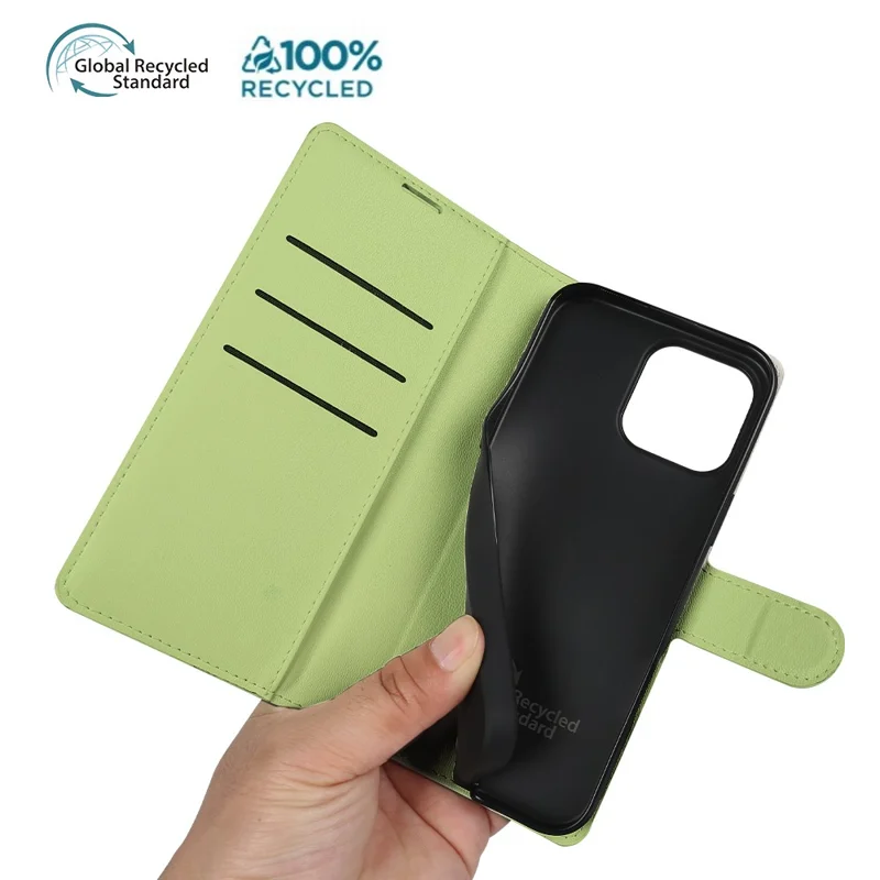 For iPhone 16 Pro Stand Case Biobased Eco-Friendly RPET RPVB Slim Phone Cover with Wallet - Light Green
