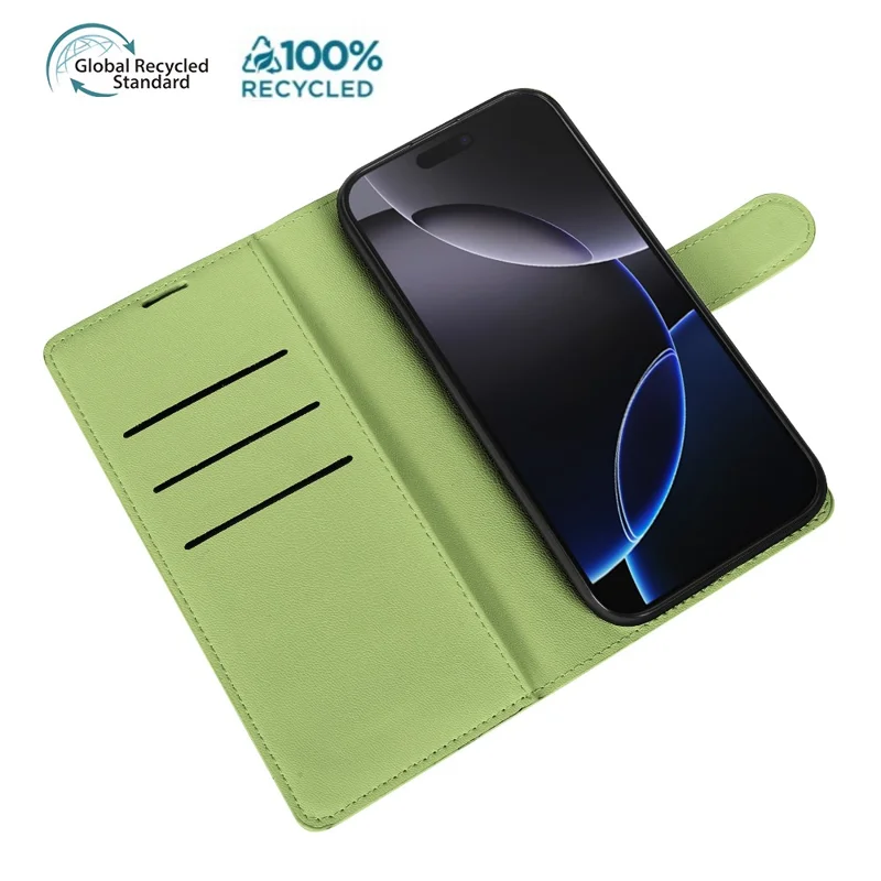 For iPhone 16 Pro Stand Case Biobased Eco-Friendly RPET RPVB Slim Phone Cover with Wallet - Light Green