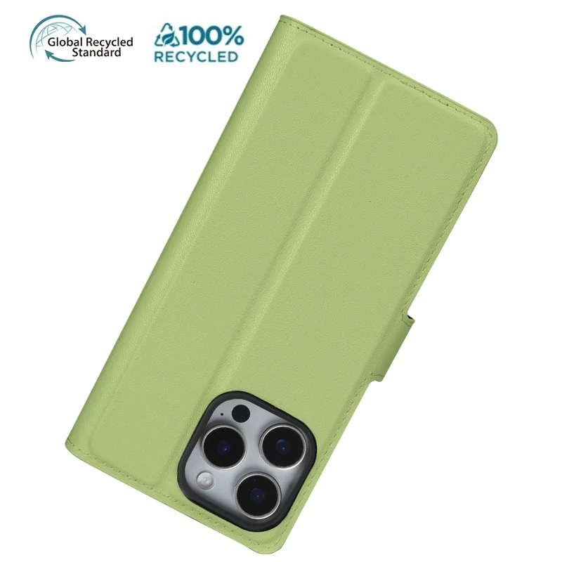 For iPhone 16 Pro Stand Case Biobased Eco-Friendly RPET RPVB Slim Phone Cover with Wallet - Light Green