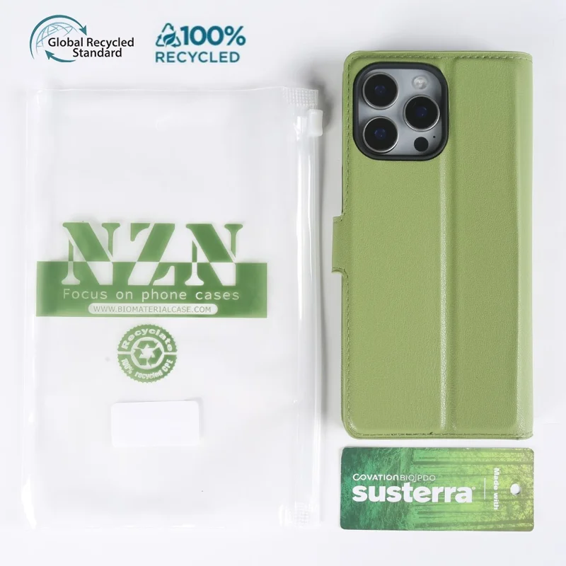 For iPhone 16 Pro Stand Case Biobased Eco-Friendly RPET RPVB Slim Phone Cover with Wallet - Light Green