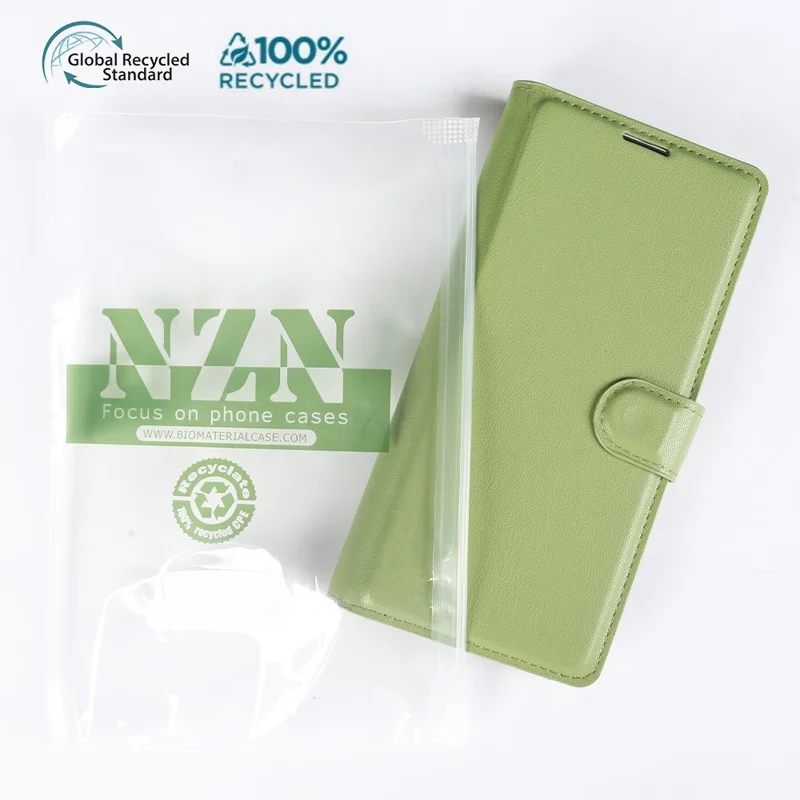 For iPhone 16 Pro Stand Case Biobased Eco-Friendly RPET RPVB Slim Phone Cover with Wallet - Light Green
