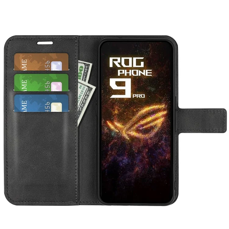 Funda con Soporte para Asus ROG Phone 9 Pro 5G, Cuero con Textura de Becerro Antiarañazos - Negro