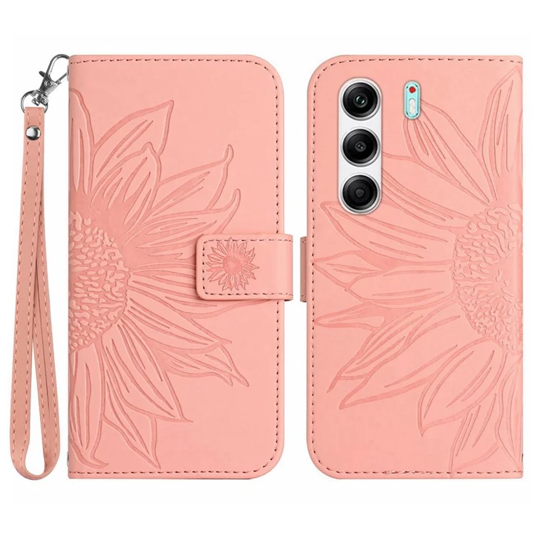 For TECNO Camon 40 4G Case Sunflower Imprint Leather Wallet Phone Cover with Wrist Strap - Light Pink