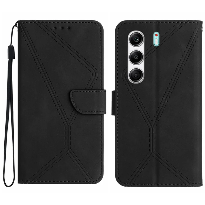 For TECNO Camon 40 4G Case Skin Touch Lines Imprinted PU Leather Flip Phone Cover - Black
