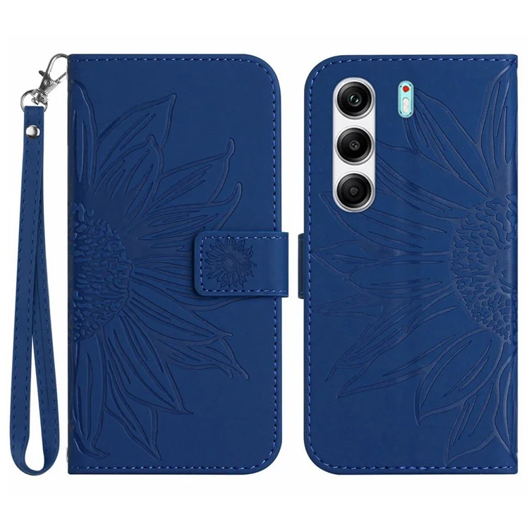 For TECNO Camon 40 Pro 5G Case Sunflower Imprint Leather Wallet Phone Cover with Wrist Strap - Sapphire