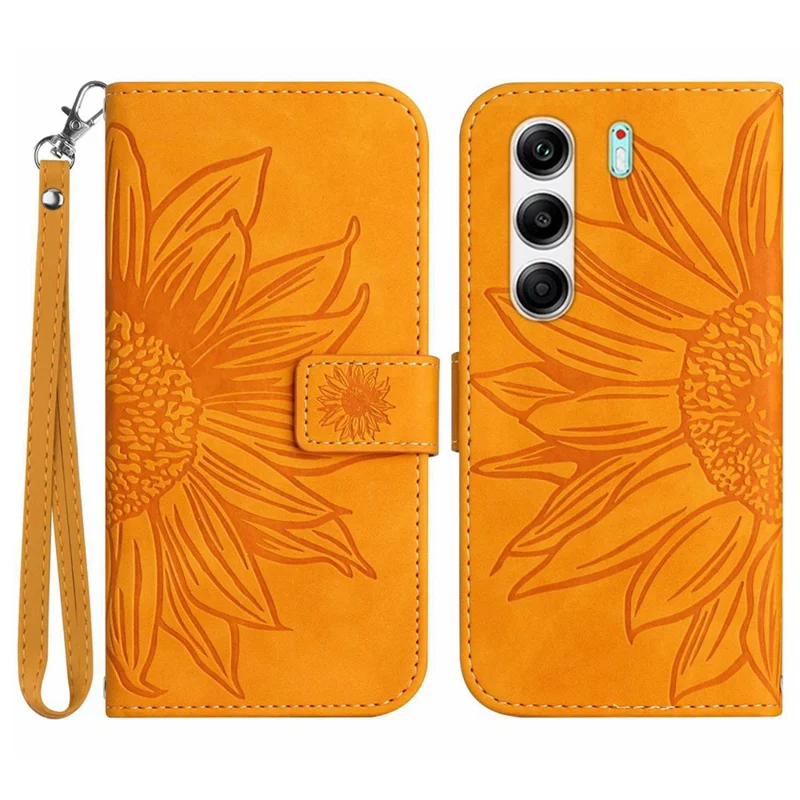 For TECNO Camon 40 Pro 5G Case Sunflower Imprint Leather Wallet Phone Cover with Wrist Strap - Yellow