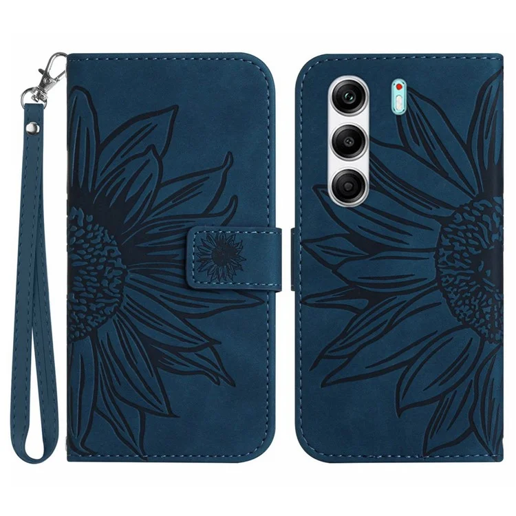 For TECNO Camon 40 Pro 5G Case Sunflower Imprint Leather Wallet Phone Cover with Wrist Strap - Dark Blue