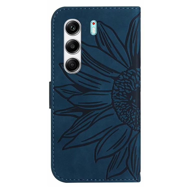 For TECNO Camon 40 Pro 5G Case Sunflower Imprint Leather Wallet Phone Cover with Wrist Strap - Dark Blue