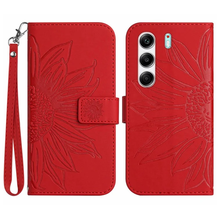 For TECNO Camon 40 Pro 5G Case Sunflower Imprint Leather Wallet Phone Cover with Wrist Strap - Red