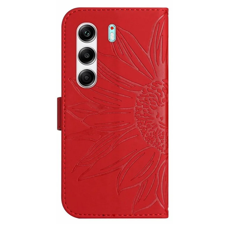 For TECNO Camon 40 Pro 5G Case Sunflower Imprint Leather Wallet Phone Cover with Wrist Strap - Red