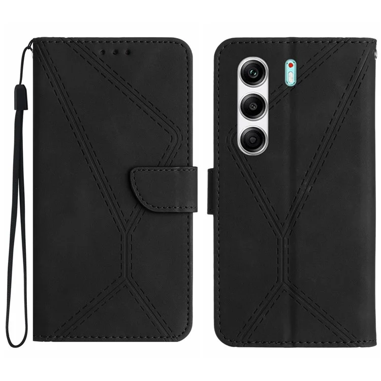 For TECNO Camon 40 Pro 5G Case Skin Touch Lines Imprinted PU Leather Flip Phone Cover - Black