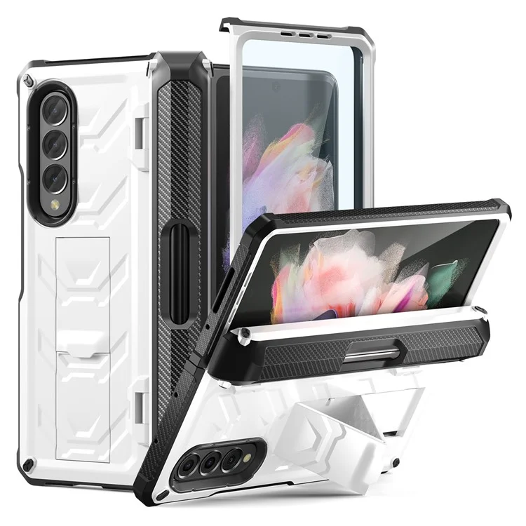 For Samsung Galaxy Z Fold3 5G SM-F9260 Rugged Series Pen Holder Hinge Phone Case Drop-proof Kickstand TPU + PC Cover - White