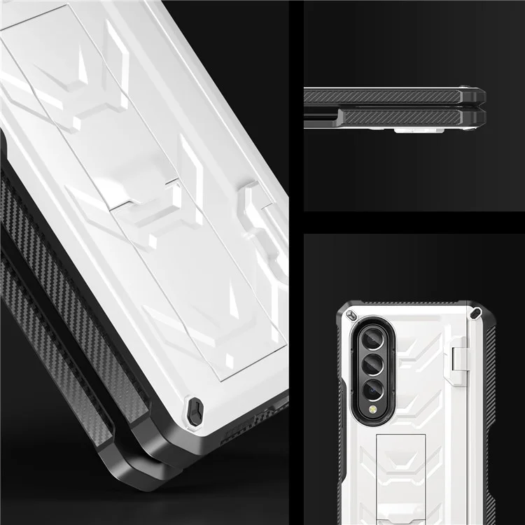 For Samsung Galaxy Z Fold3 5G SM-F9260 Rugged Series Pen Holder Hinge Phone Case Drop-proof Kickstand TPU + PC Cover - White