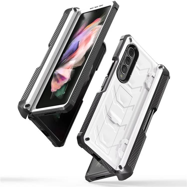 For Samsung Galaxy Z Fold3 5G SM-F9260 Rugged Series Pen Holder Hinge Phone Case Drop-proof Kickstand TPU + PC Cover - White